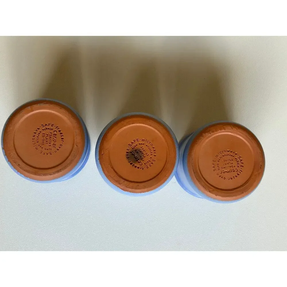 Set of 3 La Fermiere Blue French Terracotta Yogurt Pots Cups Clay Ramekins